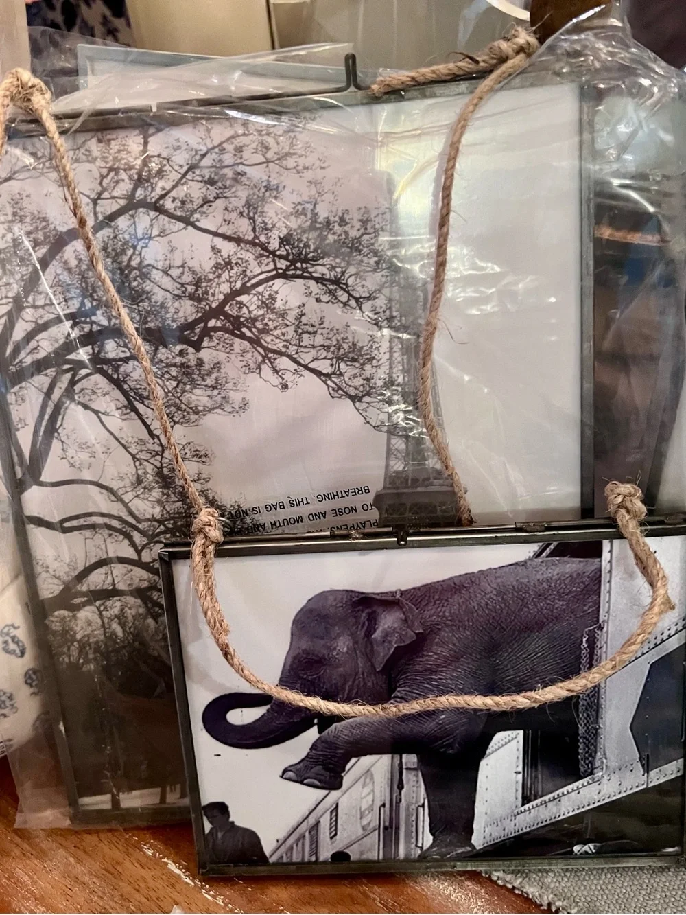 Set of 7 Cost Plus World Market Black & Cream Hanging Photo Frames with Rope
